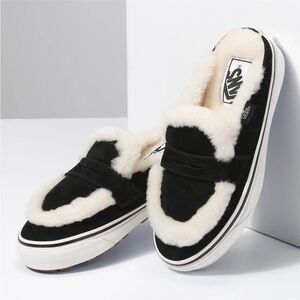 Vans Black and White Fuzzy Slippers